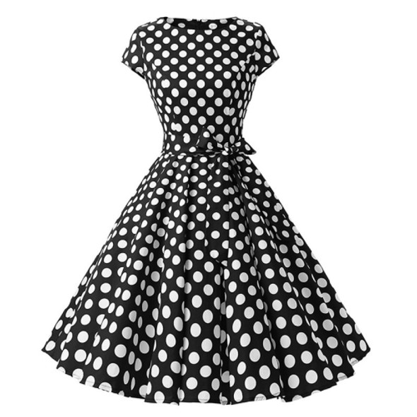 Round Neck Big Polka Dot Hepburn Retro Swing Dress (Color:Black Size:L)