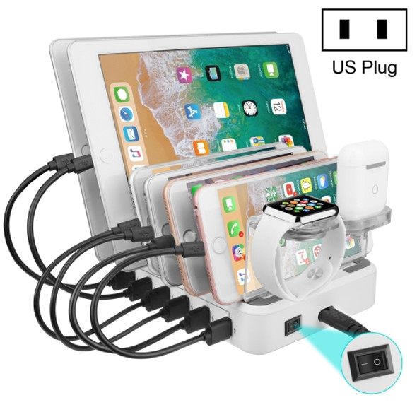PW018 12A 6 USB Ports Smart Charger with Detachable Bracket, US Plug(White)