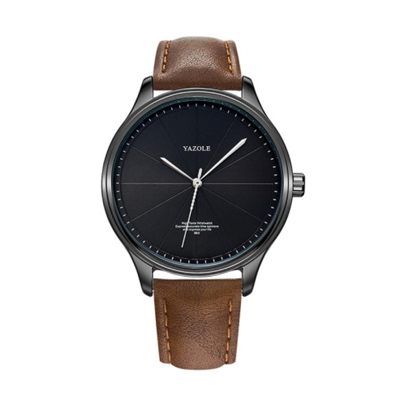 YAZOLE 503 Simple Line Pattern Dial Men Quartz Watch(Black Shell Black Tray Brown Belt)