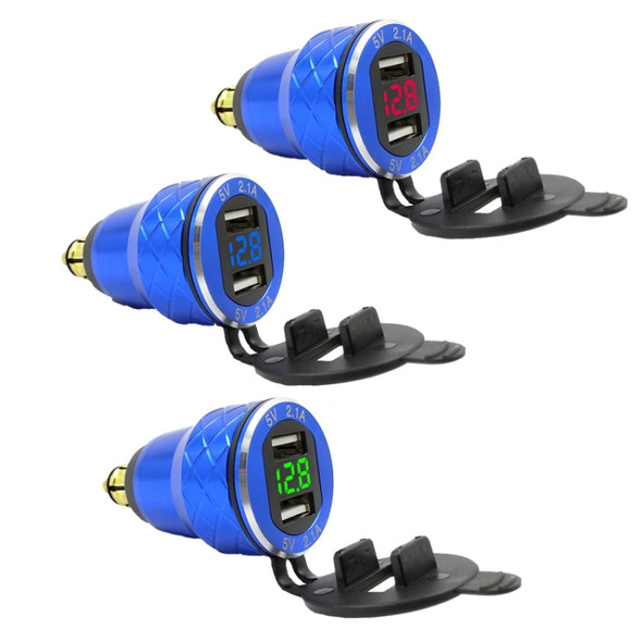 Car Motorcycle USB Charger Metal With Voltage Display Car Charger EU Plug(Blue Green Display)