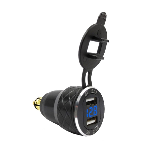 Car Motorcycle USB Charger Metal With Voltage Display Car Charger EU Plug(Black Blue Display)
