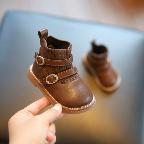 Baby Soft Sole Leather Shoes Children Knitted Stitching Short Boots, Size: 15(Brown)