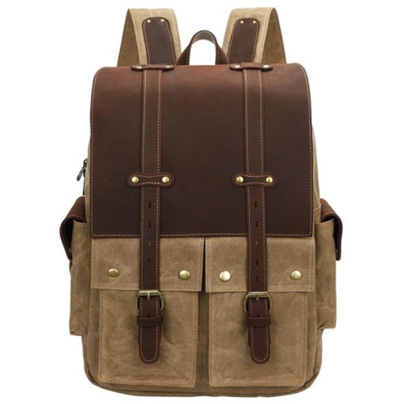 K-022 Men Canvas Large Capacity Shoulder Bag Outdoor Computer Backpack(Khaki)