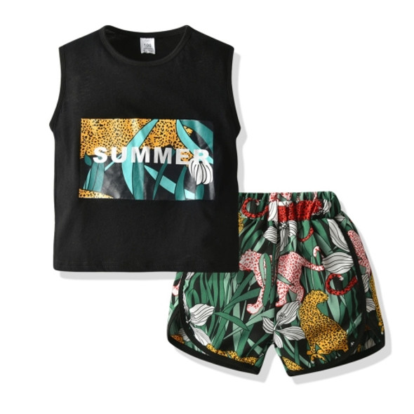Boys Leopard Print Sleeveless + Shorts Two-piece Set (Color:Black Size:110)