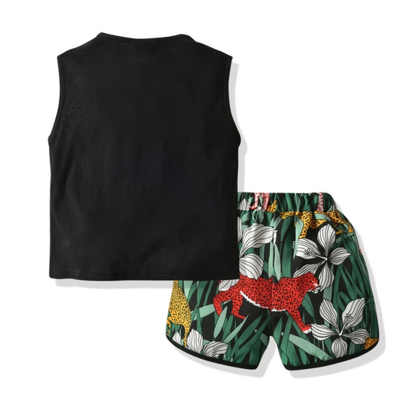 Boys Leopard Print Sleeveless + Shorts Two-piece Set (Color:Black Size:110)