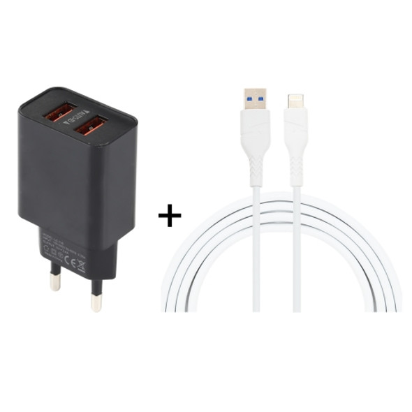 LZ-705 2 in 1 5V Dual USB Travel Charger + 1.2m USB to 8 Pin Data Cable Set, EU Plug(Black)