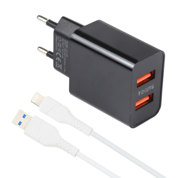 LZ-705 2 in 1 5V Dual USB Travel Charger + 1.2m USB to 8 Pin Data Cable Set, EU Plug(Black)