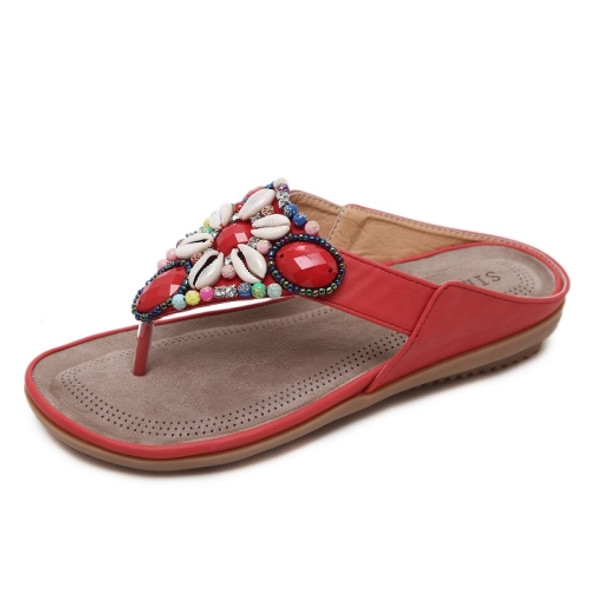 Ladies Summer Bohemian Sandals Seaside Retro Beaded Shell Slippers, Size: 38(Red)