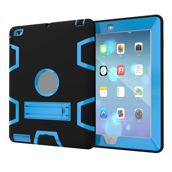 For iPad 4 / 3 / 2 / 1 Shockproof PC + Silicone Protective Case，with Holder(Black Blue)