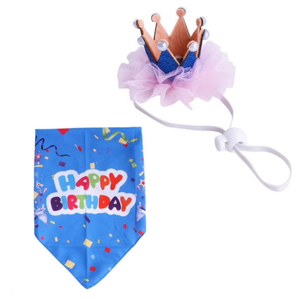 2 Sets Pet Birthday Suit Pearl Crown Hat Triangle Scarf Combination Birthday Dress Up Pet Supplies(Color Tape Blue)