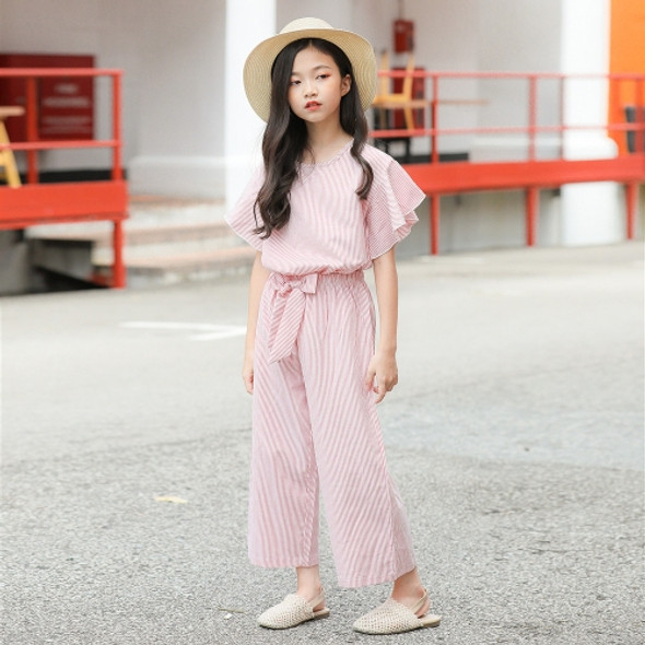 M582 Girls Summer Striped Top Loose Wide-leg Pants Two-piece Suit, Appropriate Height:160cm(Pink)
