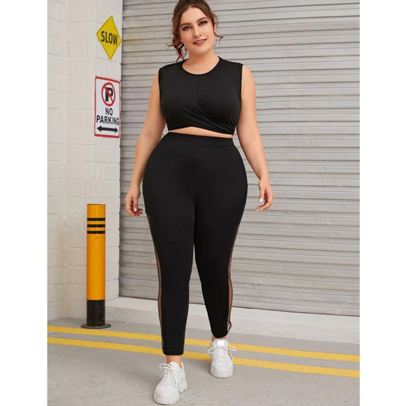 Women Casual Mesh Stitching Pants (Color:Black Size:XXXXL)