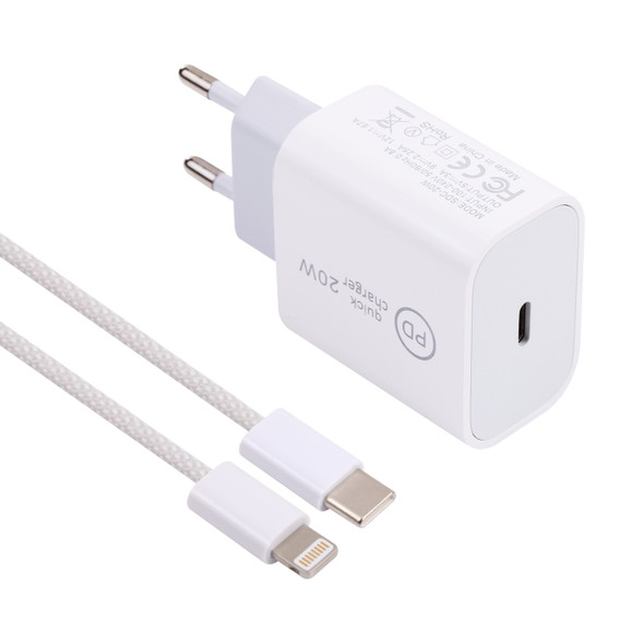 SDC-20W PD USB-C / Type-C Travel Charger + 1m 12W USB-C / Type-C to 8 Pin Data Cable Set, EU Plug(White)