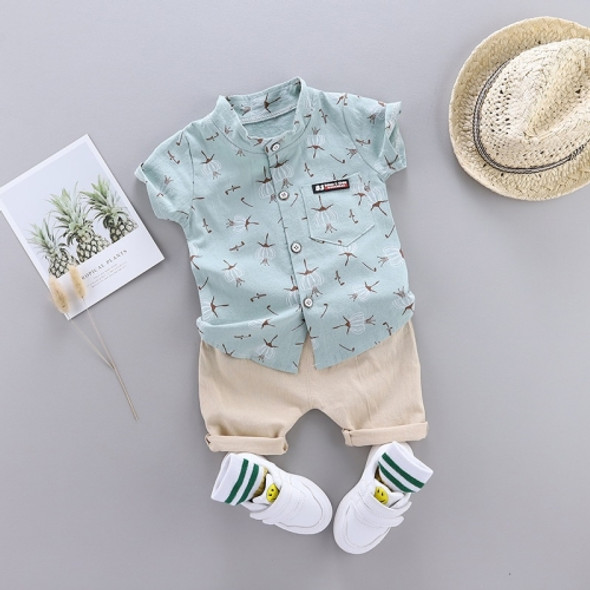 Summer Childrens Short-sleeved Suit Shirt Two-piece Suit (Color:Light Green Size:90)
