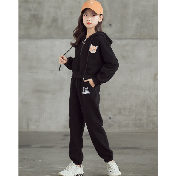 Girl Plus Velvet Thickening Sport Hooded Sweater Casual Pants Two-piece Set (Color:Black Size:130cm)