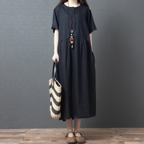 Summer Round Neck Button Ramie Mid-length Loose Dress for Women (Color:Black Size:XL)