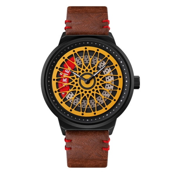 SKMEI 9217 Fashion Rotation Dial Men Quartz Watch(Gold Surface Brown Leather Belt)