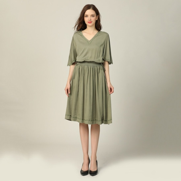 Temperament Waist Closing French Style Slim Short Sleeve A-line Big Swing Dress (Color:Army Green Size:M)