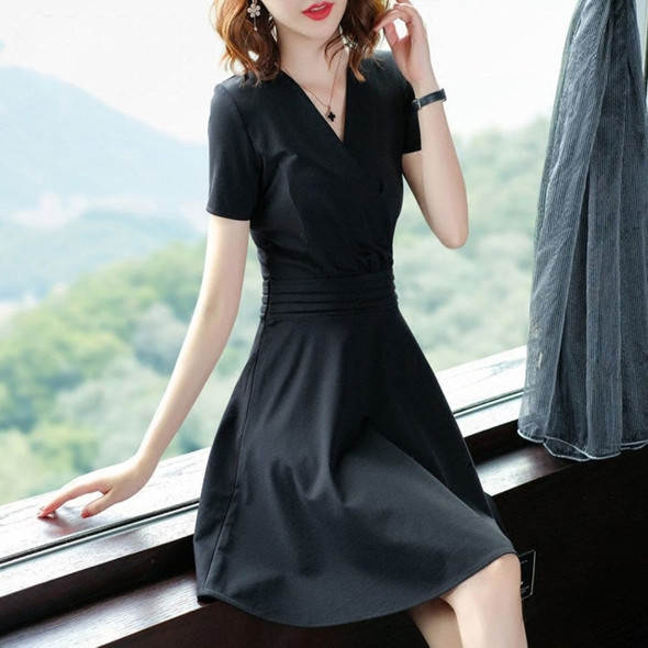V-neck Short Sleeve Mid Length Slim Elegant Dress (Color:Black Size:XXL)