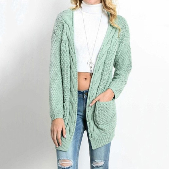 Fashion Mid-length Style Solid Color Pocket Twist Cardigan Knit Sweater (Color:Green Size:M)