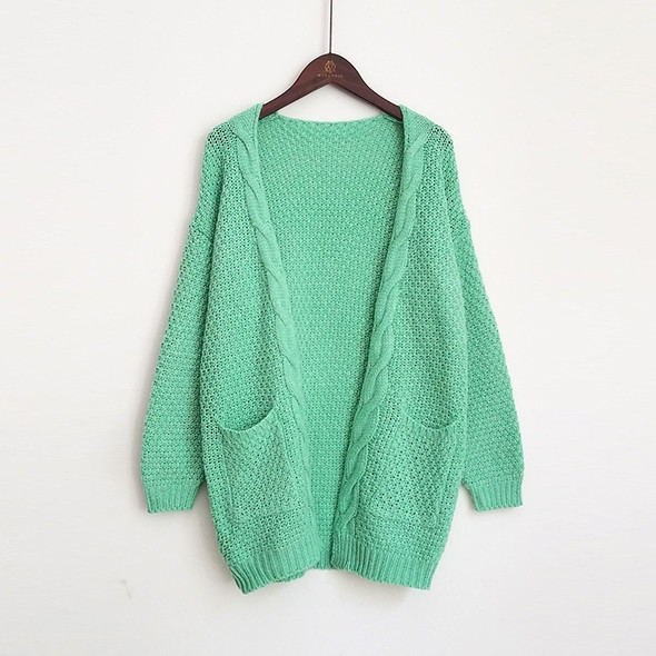 Fashion Mid-length Style Solid Color Pocket Twist Cardigan Knit Sweater (Color:Green Size:M)