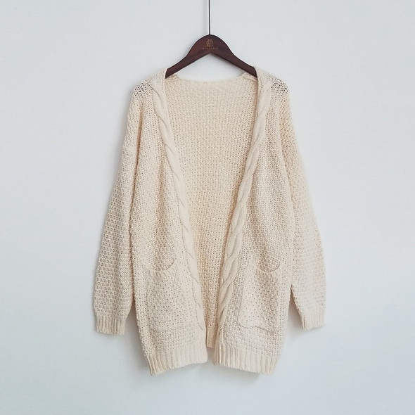 Fashion Mid-length Style Solid Color Pocket Twist Cardigan Knit Sweater (Color:Beige White Size:S)