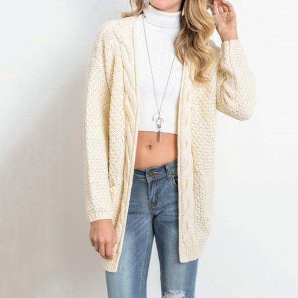 Fashion Mid-length Style Solid Color Pocket Twist Cardigan Knit Sweater (Color:Beige White Size:S)