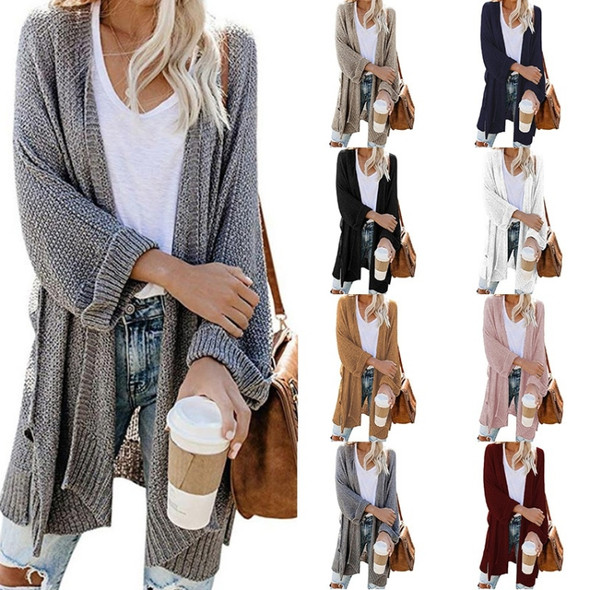 Long Style Slit Roll Sleeve Cardigan Knit Sweater (Color:Khaki Size:L)