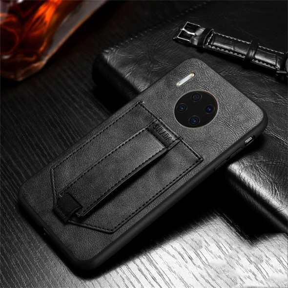 For Huawei Mate 30 SULADA Shockproof TPU + Handmade Leather Protective Case with Holder & Card Slot & Hand Strap(Black)