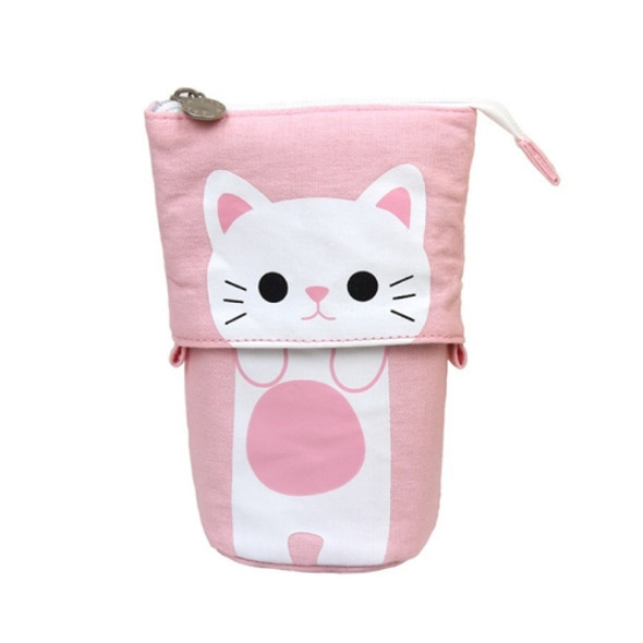 Corduroy Retractable Drop-Down Pencil Case Student Stationery Storage Bag(White Cat)