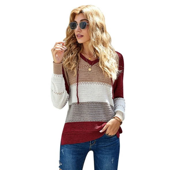 Panelled Long Sleeve Knit Hooded Sweater (Color:Wine Red Size:XL)