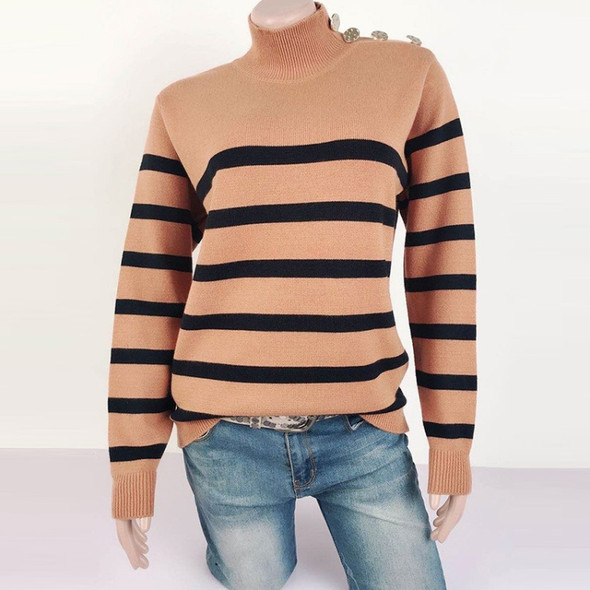 Turtleneck Pullover Shoulder Strap Studded Textured Knit Sweater (Color:Khaki Size:S)