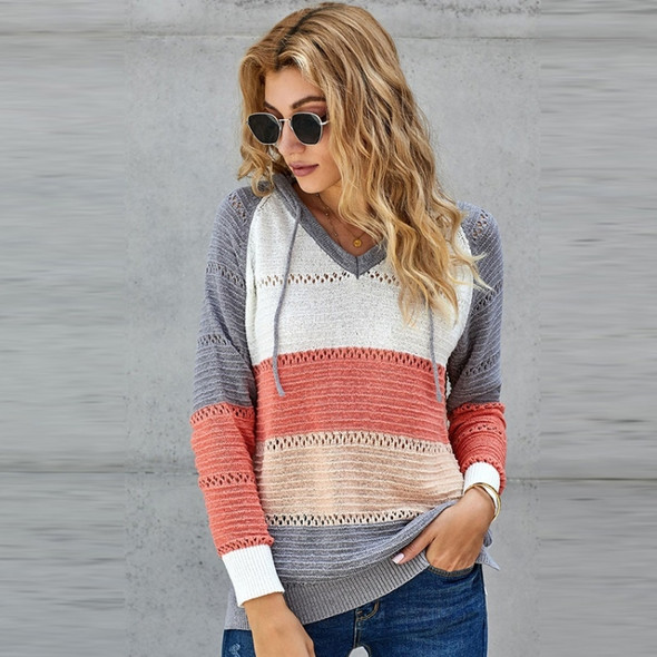 Panelled Long Sleeve Knit Hooded Sweater (Color:Gray Size:L)