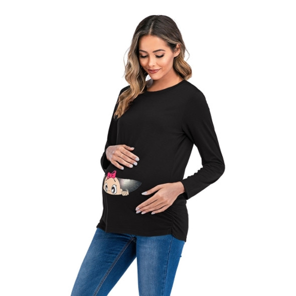 Round Neck Long Sleeve Printed Maternity Dress (Color:Black Size:S)