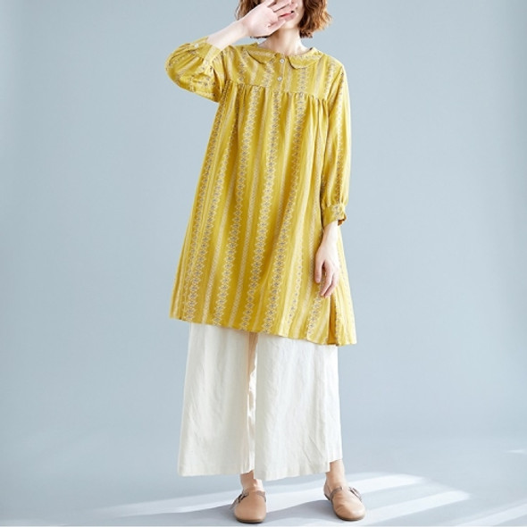 Large Size Loose And Thin Mid-length Linen Cotton Printed Dress (Color:Yellow Size:XL)