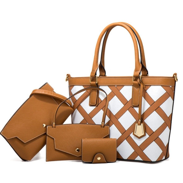 21518 4 in 1 Grid Pattern Diagonal Handbag Large-Capacity Fashionable Bags(Dark Brown)