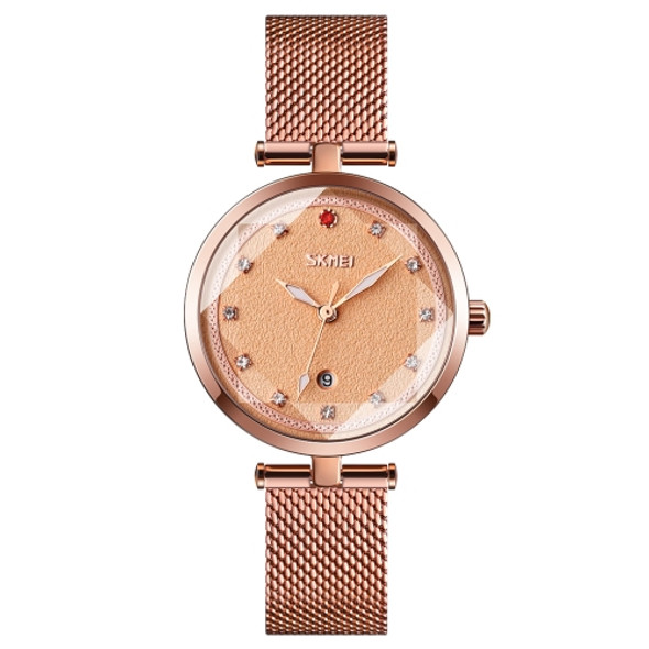 SKMEI 9215 Ladies 3D Glass Checkered Overlap Pattern Diamond Dial Quartz Watch(Rose Gold)