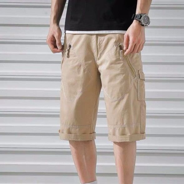 Men Casual Multi-pocket Straight Overalls (Color:Khaki Size:31)