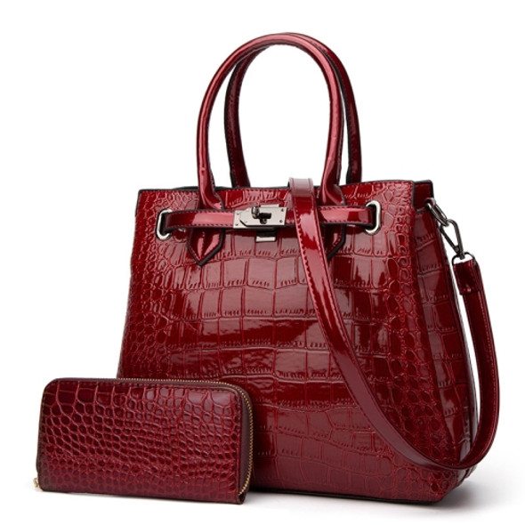 T5056 2 in 1 Crocodile Pattern Patent Leather Diagonal Handbags Large-Capacity Single-Shoulder Bag(Wine Red)