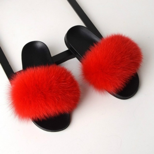 Fox Fur Slippers Flip-flops Non-slip Flat Fur Shoes Sandals for Women, Shoe Size:42-43(26cm)(Red)