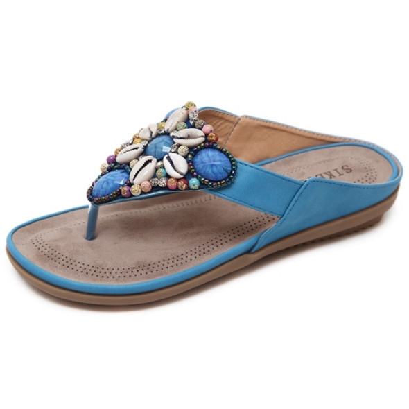 Ladies Summer Bohemian Sandals Seaside Retro Beaded Shell Slippers, Size: 35(Blue)