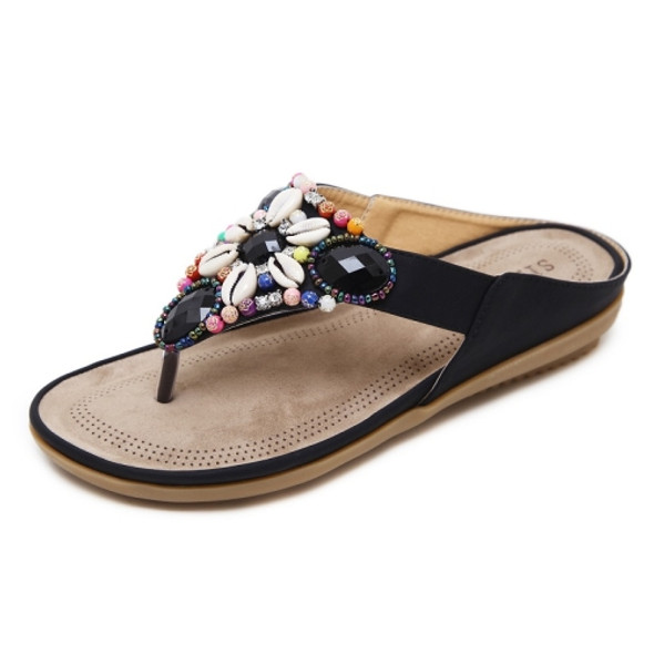 Ladies Summer Bohemian Sandals Seaside Retro Beaded Shell Slippers, Size: 35(Black)