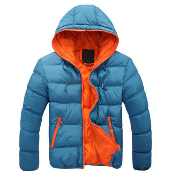 Stylish Slim Men Hooded Cotton Coat, Size:XXXL(Light Blue + Orange)(Light Blue + Orange)