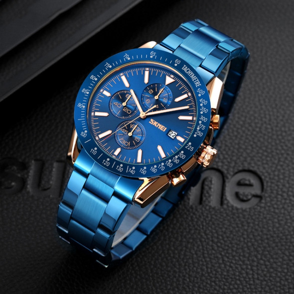 SKMEI 9253 Men Stopwatch Date Six Pin Stainless Steel Strap Quartz Watch(Gold Blue)