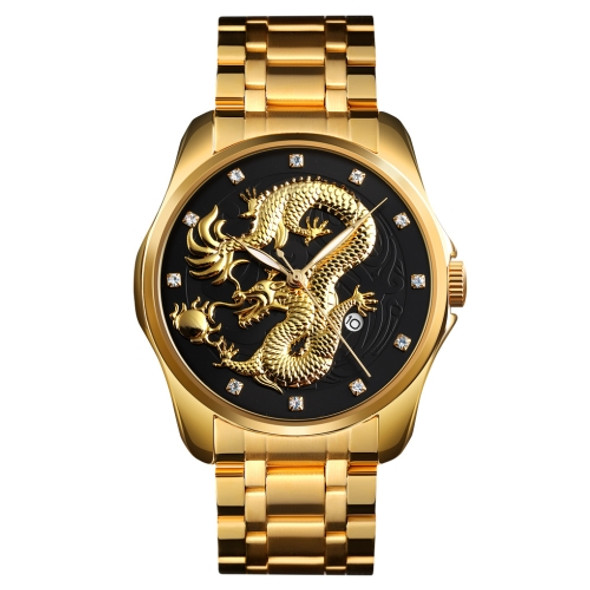SKMEI 9193 Men Golden Dragon Pattern Calendar Dial Luminous Quartz Watch(Gold Black)