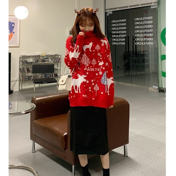 Women Christmas Lazy Loose Mid-length Sweater (Color:Christmas Red Turtleneck Size:XXXXL)