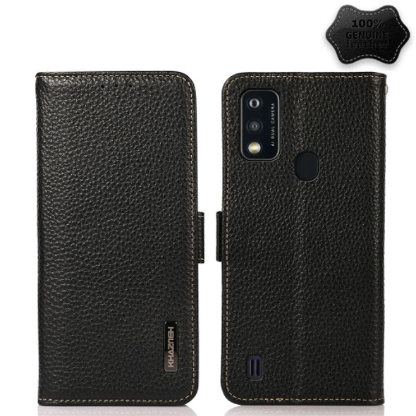 For ZTE Blade A51 KHAZNEH Side-Magnetic Litchi Genuine Leather RFID Phone Case(Black)