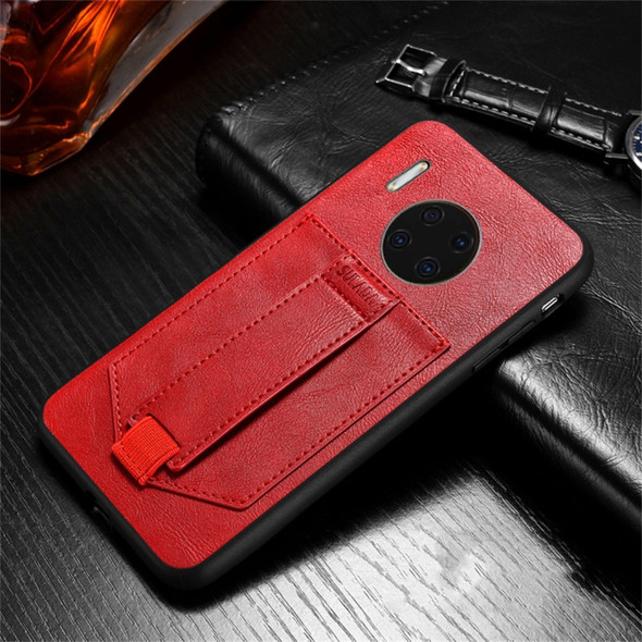 For Huawei Mate 30 SULADA Shockproof TPU + Handmade Leather Protective Case with Holder & Card Slot & Hand Strap(Red)