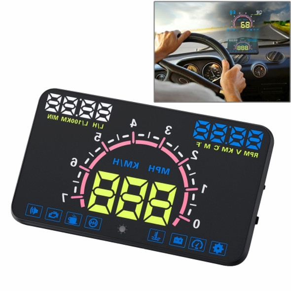 E350 5.8 inch Car HUD / OBD2 Vehicle-mounted Gator Automotive Head Up Display Security System with Multi-color LED, Support Car Real Speed & Turn Speed & Water Temperature & Oil Consumption & Driving Distance / Time & Voltage Display, Support Water T