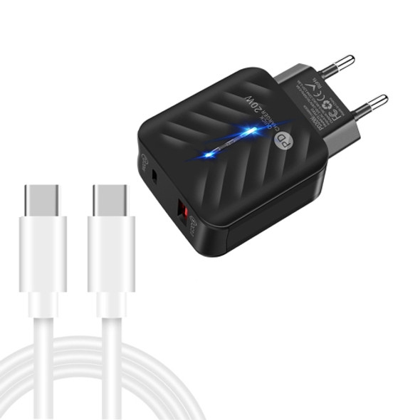PD03 20W PD3.0 + QC3.0 USB Charger with Type-C to Type-C Data Cable, EU Plug(Black)
